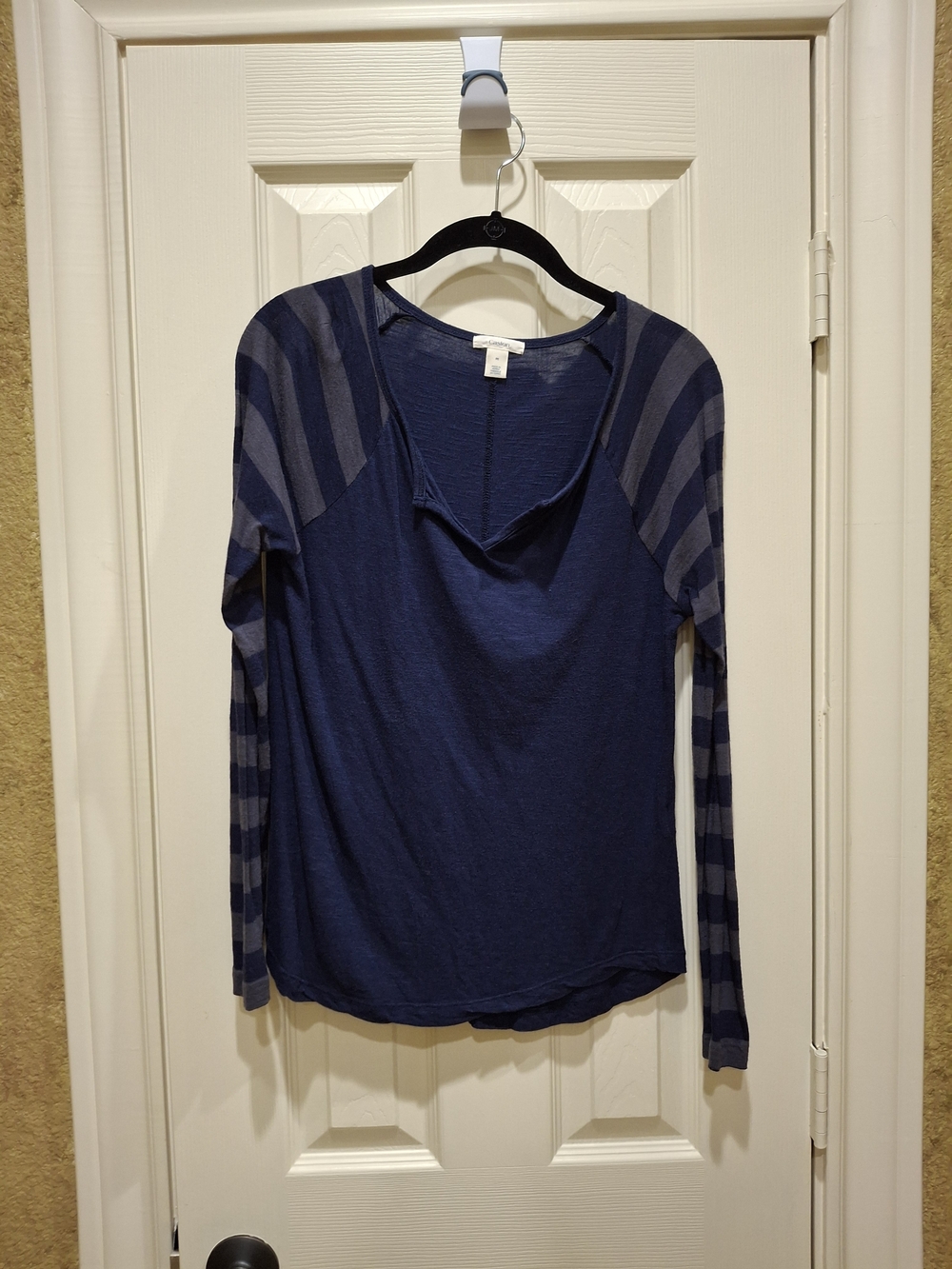 Caslon Navy Blue Long Sleeve Scoop Neck Tee with Striped Sleeves